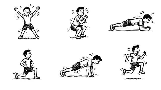 Cartoon boy doing various exercises like jumping jacks squats plank lunges and running
