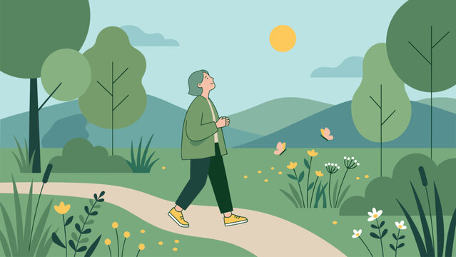 Person walking on a path in a serene green landscape with butterflies and flowers