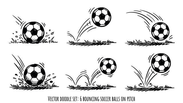Doodle set of six soccer balls bouncing on grass in different motion styles