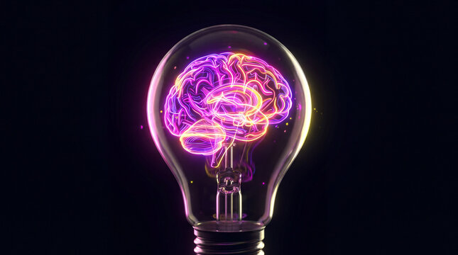 Glowing neon human brain inside a glass light bulb on a dark background representing artificial intelligence and creative thinking