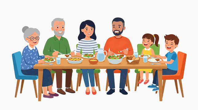 A happy family with diverse ages enjoys a delicious meal together around a wooden table, sharing laughter and conversation.