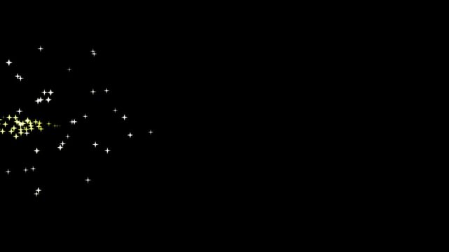 Shining glitter star sparkle animation with glowing dust trails and twinkling fairy sparkles, White stars and bokeh lights sparkle, magic dust, pixie dust path, black background. 4k video