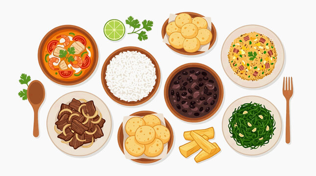 A vibrant overhead shot showcases a delectable assortment of traditional Brazilian cuisine, artfully arranged on a clean white surface, inviting viewers to savor a culinary journey.