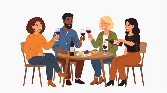 A group of diverse friends enjoys a pleasant evening, sharing laughter and toasting with glasses of red wine at a cozy outdoor cafe.