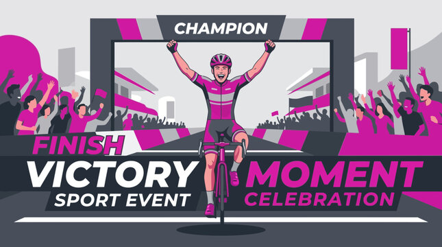 Excited Cyclist Celebrates Winning Race Crossing Finish Line in Style