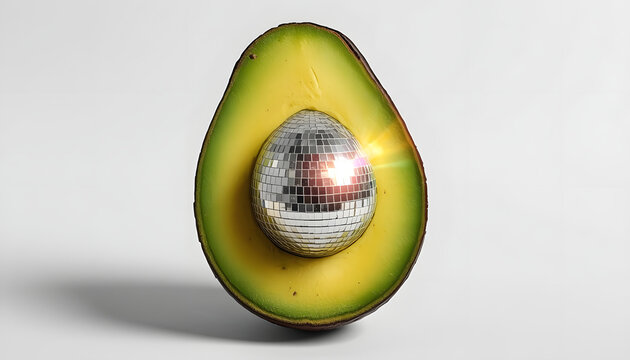 avocado half with silver disco ball pit on white background creative food party concept