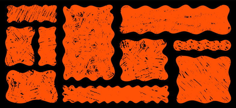 Wavy rectangles set. Playful orange colored blank textbox shapes collection. Hand drawn irregular wavy frames, wiggly text box, banner templates. Crayon rough textured overlay vector stickers isolated