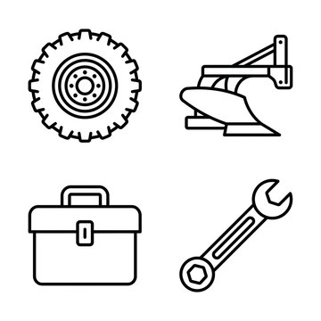 A set of four linear icons representing agricultural and mechanical equipment including a tractor tire a plow a toolbox and a wrench.