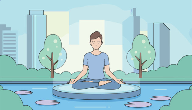 Young man meditating in lotus pose on a tranquil pond platform in a city park with tall skyscrapers in the background.