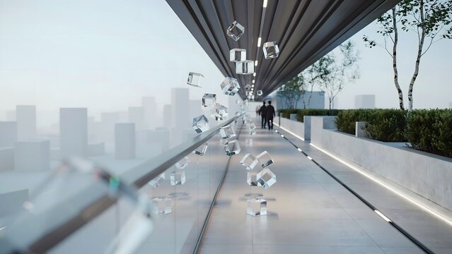 Glass blocks floating in modern corridor &ndash; Ideal for future city planning, modern architecture, or infrastructure innovation.