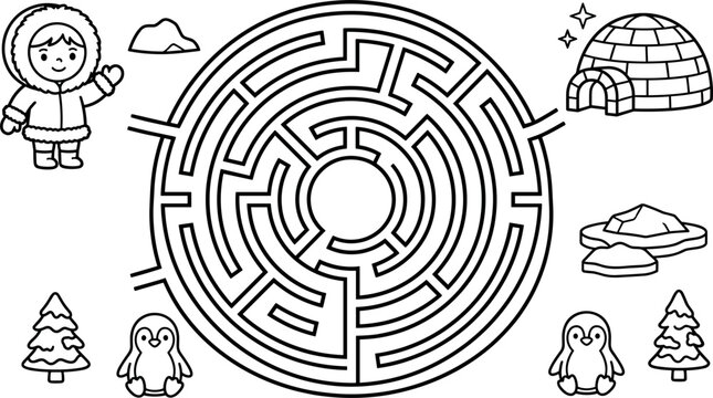 Arctic Maze Puzzle Worksheet for Kids with Cute Eskimo Boy Igloo Penguins Icebergs and Winter Trees Line Art for Educational Children Coloring Books