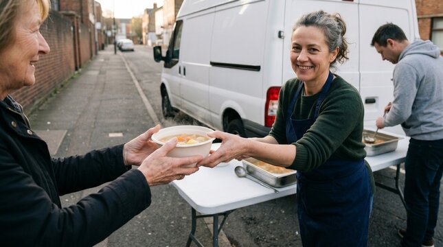 Adult volunteers serve hot meals from a folding table beside an unbranded mobile meal service van. The image represents street outreach, food support, and community assistance.