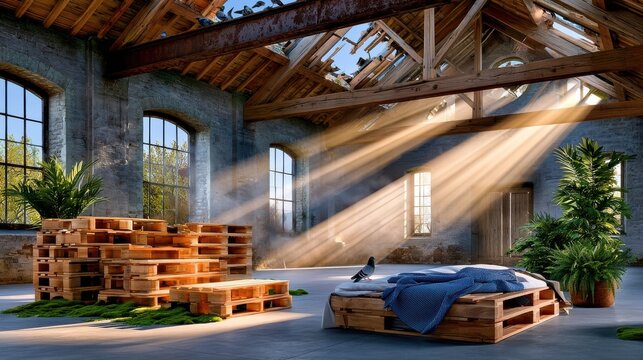 Derelict warehouse interior with partially collapsed roof, sunbeams, pallet bed and plants in industrial loft
