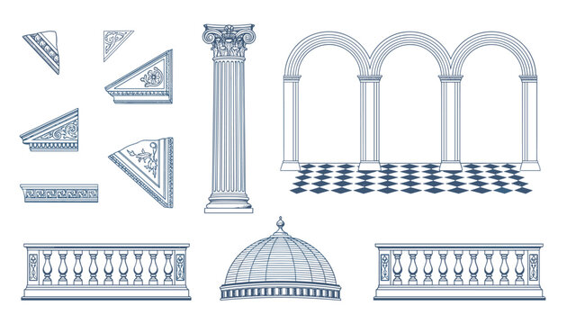 Classical architectural elements including greek column, temple arches, balustrade, and dome in hand-drawn style.