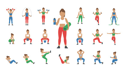 Fototapeta premium Comprehensive flat vector set of women doing various fitness exercises and yoga poses in colorful activewear design.