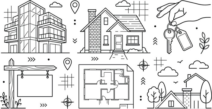 Real Estate and Property Management Line Art Collection with House Architecture Floor Plan Home Ownership and Key Handover Illustrations