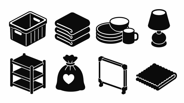 Home essentials: storage bin, towels, dishes, lamp, shelf, laundry bag, clothes rack, rug icons
