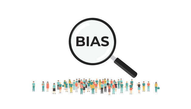 Magnifying glass focusing on bias word hovering above a diverse crowd of people representing societal perception and unconscious prejudice concepts.