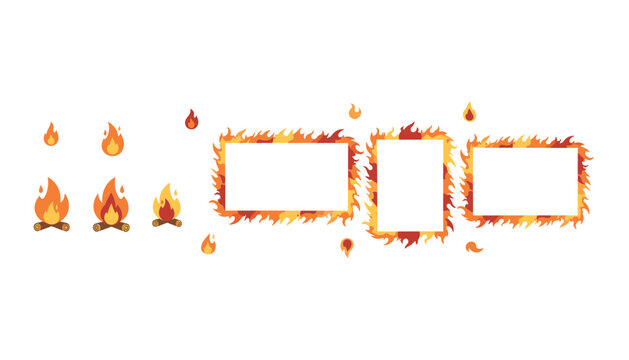 Set of rectangular photo frames adorned with fire patterns along with small campfire illustrations for dynamic and energetic compositions.