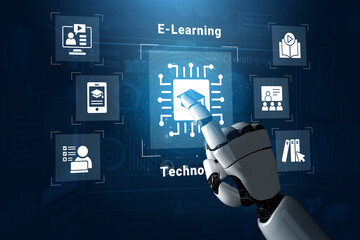 A robotic hand reaches out to engage with digital icons representing e-learning and technology. The image embodies the future of education and innovation in a technological landscape. Cyphers © InfiniteFlow