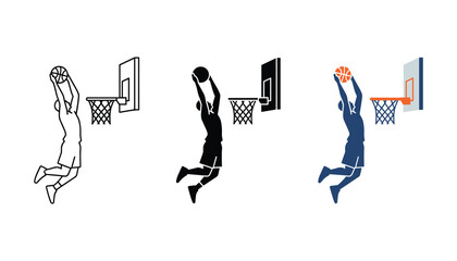Basketball player making slam dunk vector icon set in outline silhouette and colorful style for sports games basketball league and fitness athletic training digital marketing material designs © TARU STOCKPLC