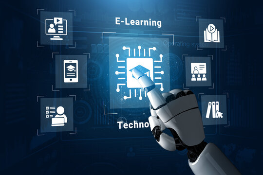 A robotic hand reaches out to engage with digital icons representing e-learning and technology. The image embodies the future of education and innovation in a technological landscape. Cyphers