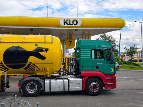 Tanker truck carrying fuel at KLO gas station for commercial refueling service