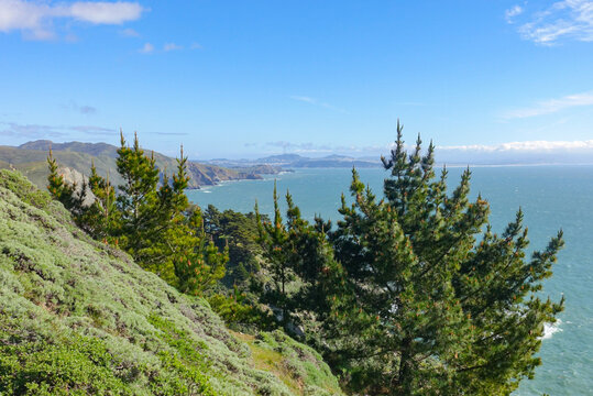 Muir beach overlook on a sunny spring afternoon on the California coast