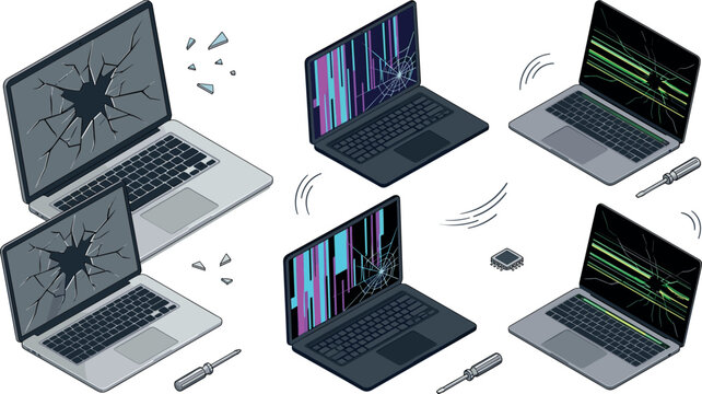 Broken Laptop Screen Vector Icon Set with Cracked Displays Glitch Effects and Repair Tools for Technical Support and Computer Maintenance