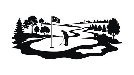 Naklejka premium Golf course scene with golfer and flag black and white silhouette