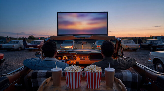 Friends at drive in movie in vintage convertible with popcorn at sunset