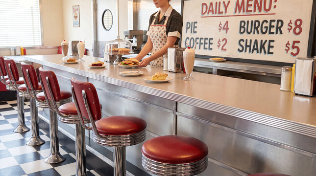 Retro diner counter with server milkshakes pie burgers and red chrome stools