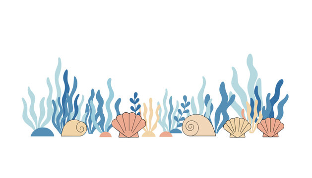 Underwater border element featuring lush seaweed strands and various seashells arranged along the bottom in a flat vector style.