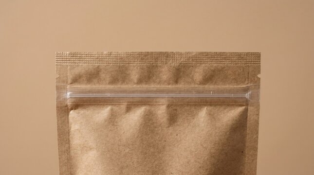 Closeup of brown kraft paper standup pouch with clear zipper closure on beige background