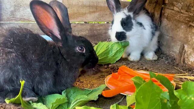 Two rabbits, black and black-and-white, eating carrots and fresh leaves in a cage. Rabbit farming, animal husbandry, livestock breeding, and agricultural production concept.