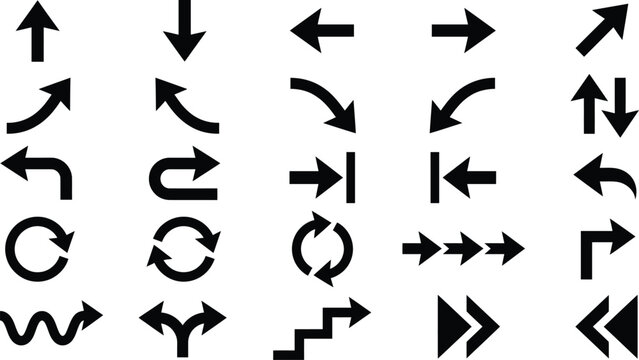 Set of various black arrow icons representing directions and navigation symbols