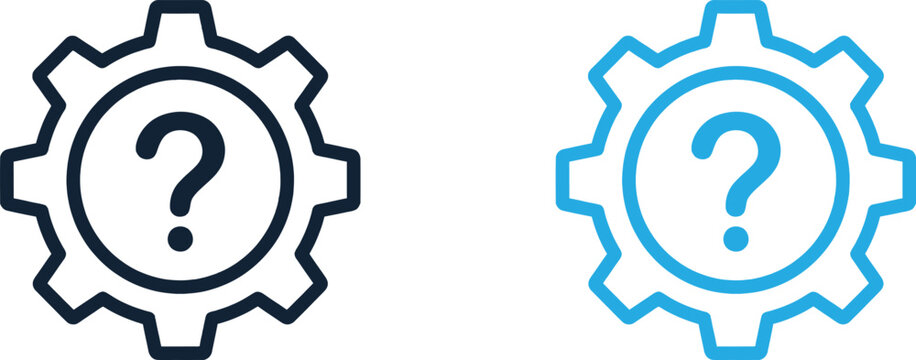 Two gear icons with question marks in black line and blue gradient style