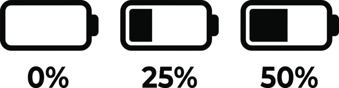 Black battery charge level icons showing zero twenty five and fifty percent power status