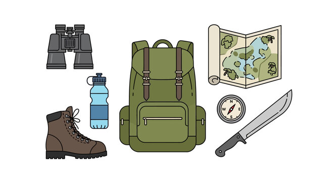 Hiking Gear Set: Backpack, Boots, Map, Binoculars, Water Bottle, Compass, Machete
