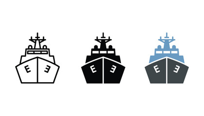 Set of three military ship icons featuring naval vessel design in outline solid and blue flat style for maritime logistics defense industry or naval strategy visual communication on white background © TARU STOCKPLC