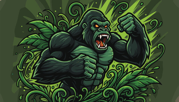 Fierce green gorilla mascot flexing its muscles and baring its teeth amidst dense tropical jungle vines and leaves.