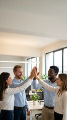 Fototapeta premium Diverse group of business professionals giving a high five to celebrate success in a modern office