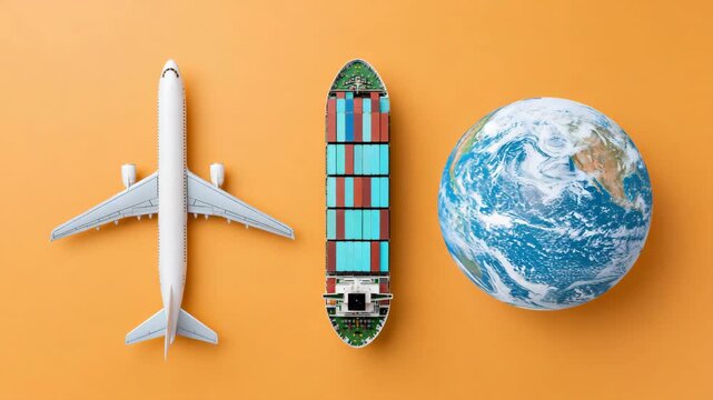 Panning tracking shot of airplane, cargo ship and globe sliding across orange background in top down studio layout for transport concept