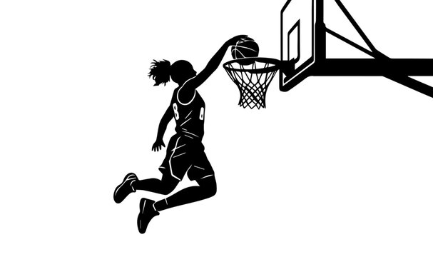 Female Basketball Player Silhouette Slam Dunking Ball into Net
