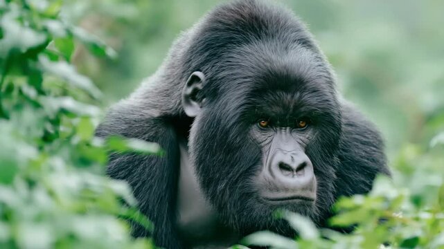 Slow motion tracking shot of silverback gorilla staring through dense rainforest foliage in mountain jungle