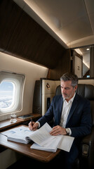 Fototapeta premium Professional businessman working on documents while traveling in a luxury private jet, sitting in a comfortable leather seat by the window with a view of the clouds above