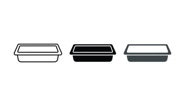 Set of three plastic container icons featuring rectangular storage box design in outline solid and dark grey flat style for home organization or food storage industry branding on white background