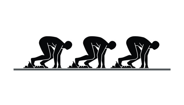 Silhouettes of three athletes in starting blocks preparing to sprint on a gray track against a white background.