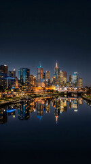 Obraz premium Stunning night cityscape of melbourne, australia, featuring illuminated skyscrapers reflecting beautifully on the calm waters of the yarra river under a clear dark sky