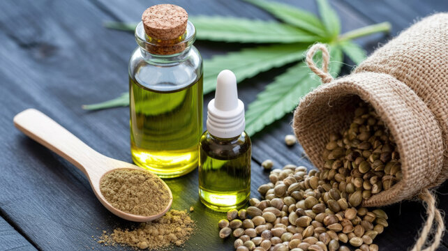 Hemp oil and seeds in laboratory glass bottles with green cannabis leaf on wooden table